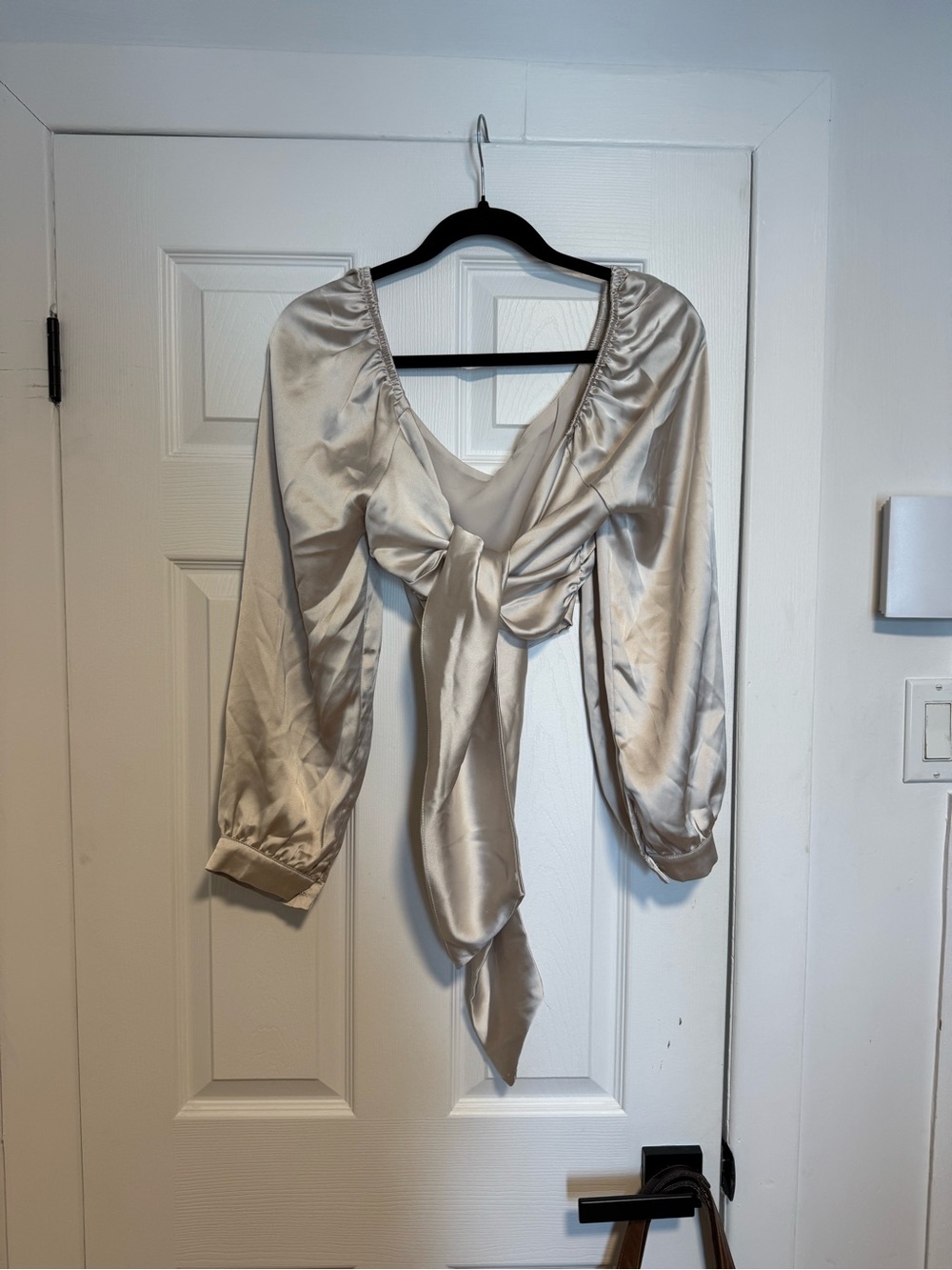 Satin Tie-Front Crop Top, Cream